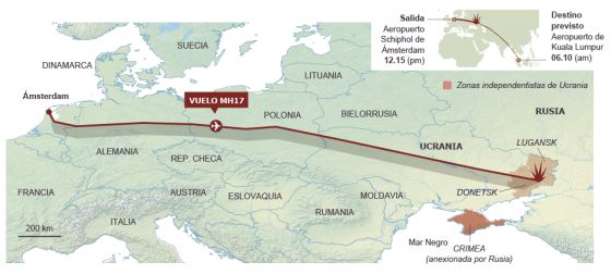 Tragédia aérea na Ucrânia (leia em espanhol). Fonte: Flightradar24.com, Malaysia Airlines e agências. EL PAÍS