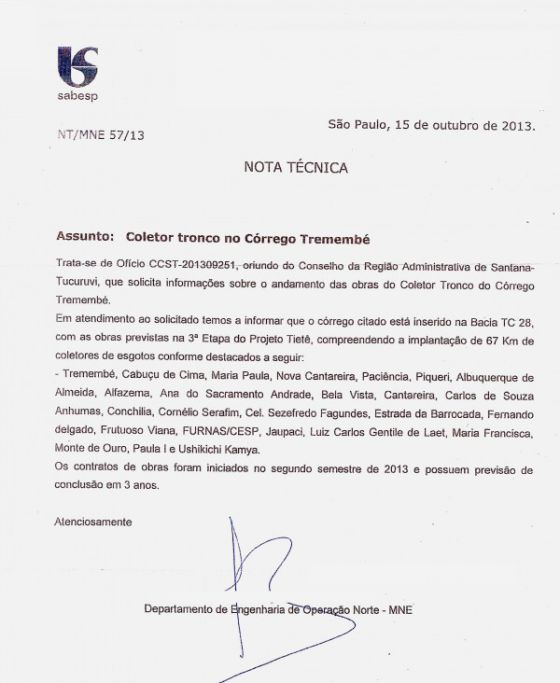 Nota técnica da Sabesp ao Conselho da Região Administrativa de Santana-Tucuruvi. Foto: ReproduçãoConselho da Região Administrativa de Santana-Tucuruvi