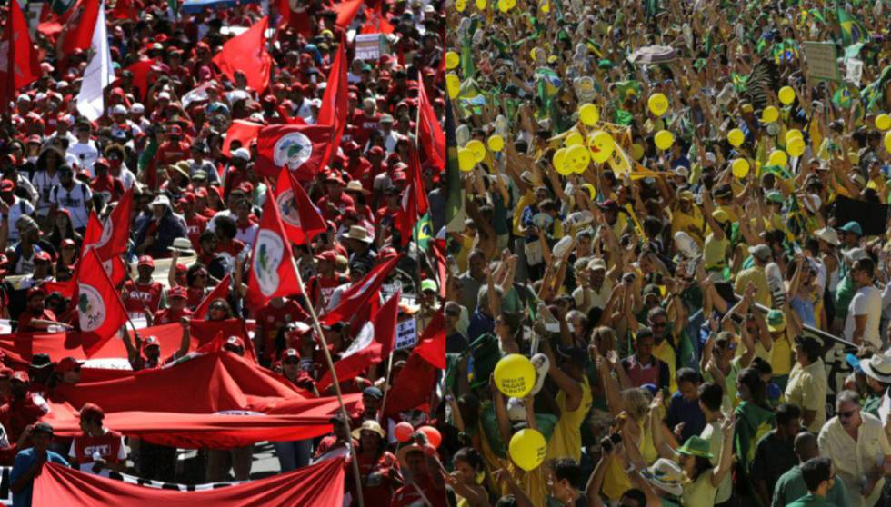 Manifestantes contra e a favor do impeachment, em São Paulo (à esq.) e em Brasília.
