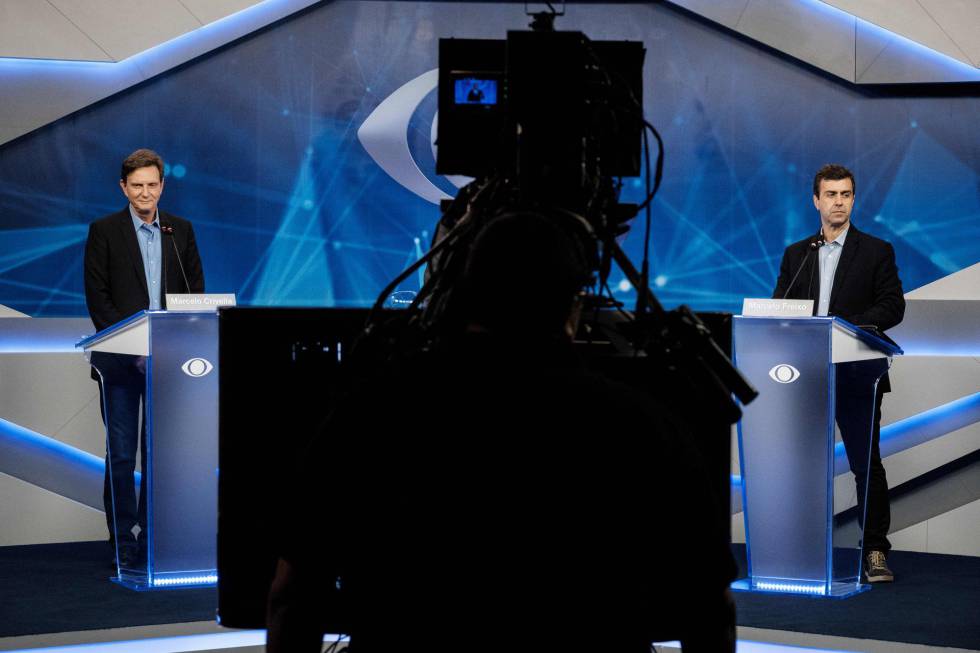 Marcelo Crivella e Marcelo Freixo (R) no debate da TV Bandeirantes