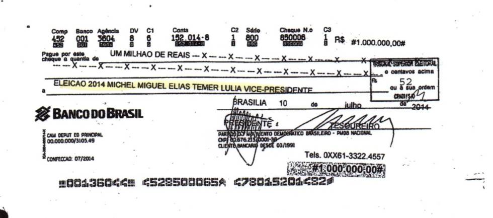 Cheque de 1 milhão de reais Michel Temer Lava Jato