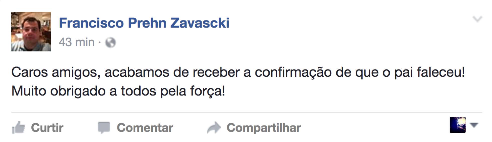Post do filho de Teori Zavascki no Facebook. Post do filho de Teori Zavascki no Facebook.