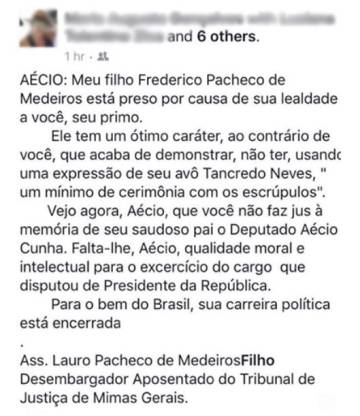 Pai de primo de Aécio: “Meu filho está preso por causa de sua lealdade a você”