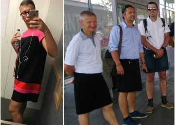 Homens de saia e vestido para protestar por não poder trabalhar de short Homens de saia e vestido para protestar por não poder trabalhar de short