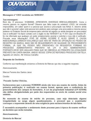 Mensagem da ouvidoria no INPI para Aquino.