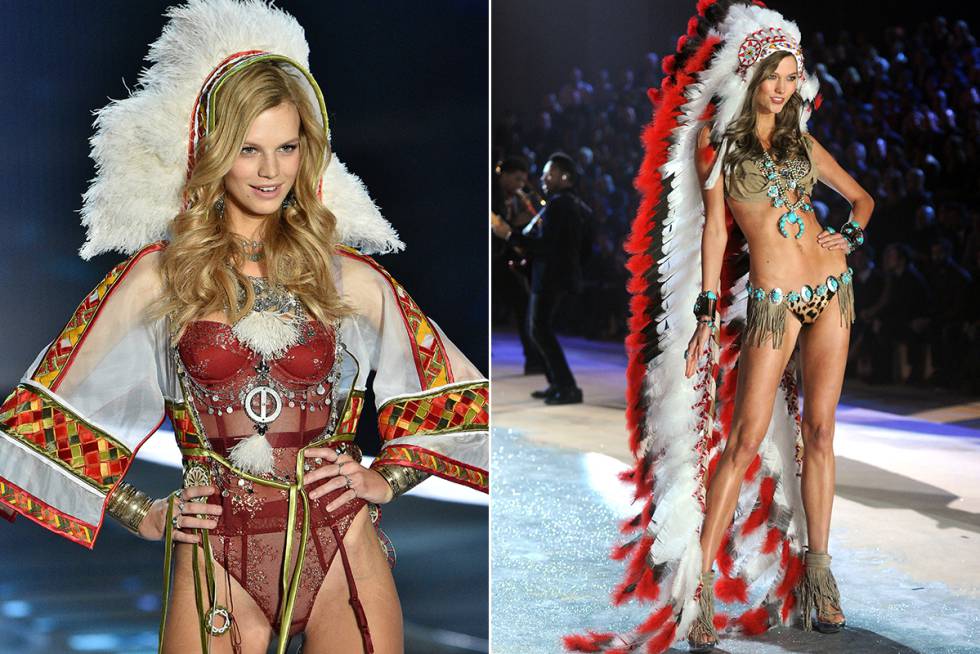 Os descendentes de índios norte-americanos consideraram ofensiva a vestimenta de Karlie Kloss em 2012 (dir.). Apesar da polêmica, a marca repetiu o tema no ano passado (esq.).