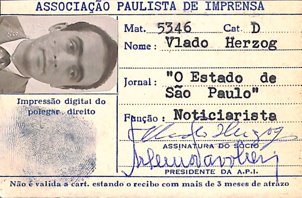 Carteira da Associação Paulista de Imprensa, que identifica Vladimir Herzog como jornalista de O Estado de S. Paulo, no cargo de Noticiarista.