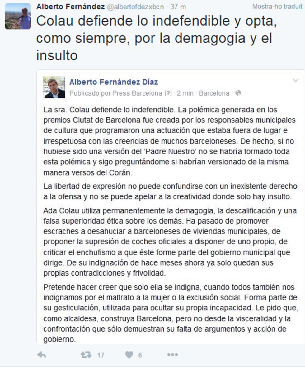 Colau: “Fernández mai s’ha indignat tant per la violència de gènere”