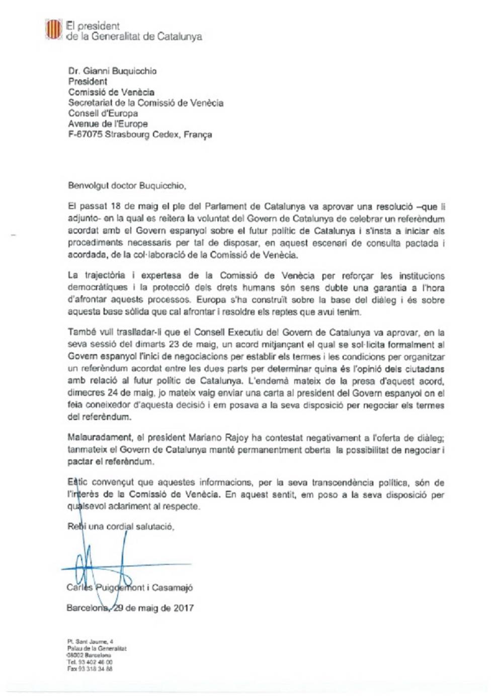 Carta de Puigdemont a la Comissió de Venècia.