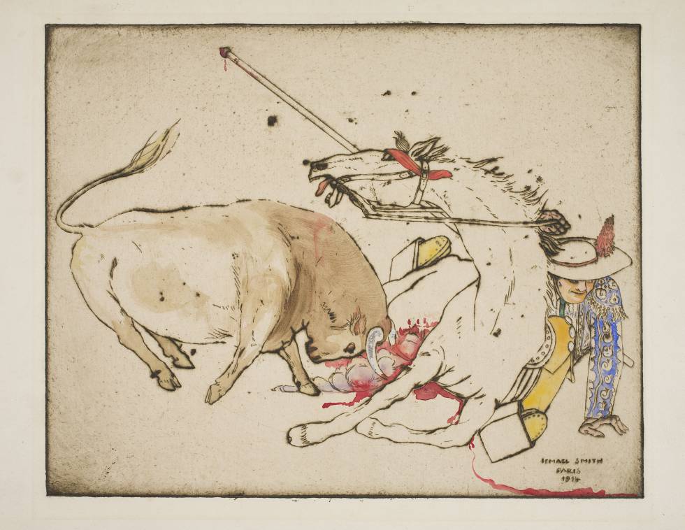 'Flirting. Good fall', una escena de toros de l'any 1914.