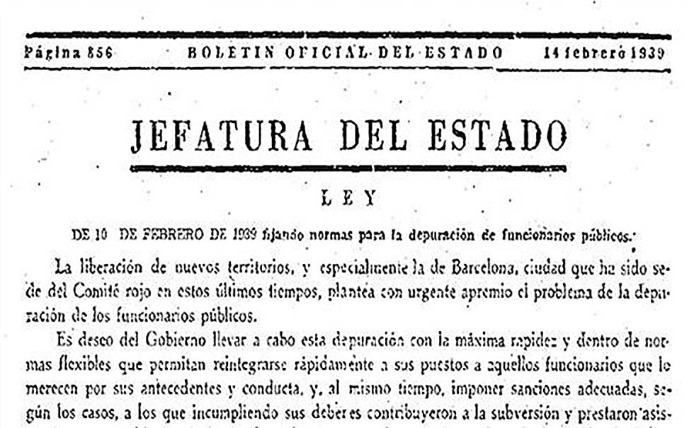 Decret del BOE de febrer de 1939 sobre depuració de funcionaris.