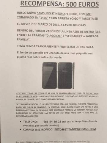 Crit desesperat d’una mare després de perdre el mòbil amb les fotos de la seva filla