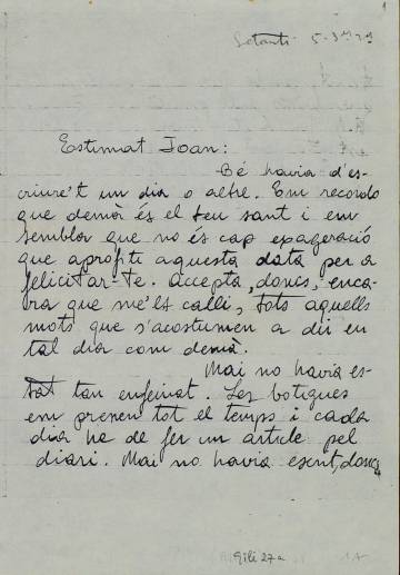 Un J.V. Foix proper s’adreça a Joan Gili a mà per felicitar-li el sant (esquerra).