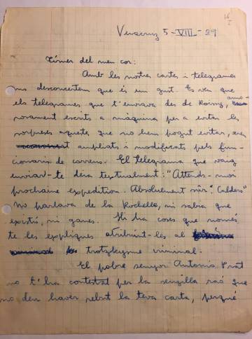 Cartes manuscrites de Pere Calders al seu cunyat “Tísner del meu cor”.