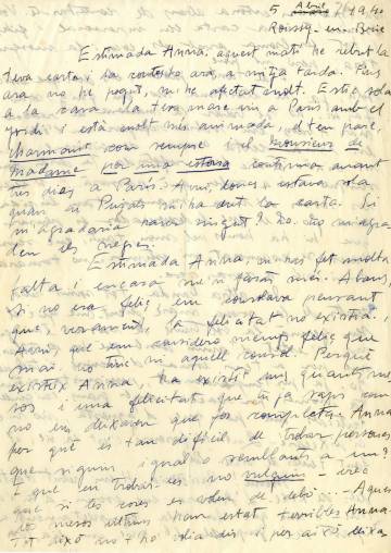 Carta de Mercè Rodoreda a Anna Murià, en què es considera “menys feliç que mai”.