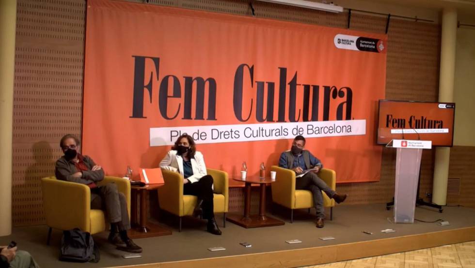 Subirats, Colau i Granados, durant la presentació del pla de foment de la cultura.