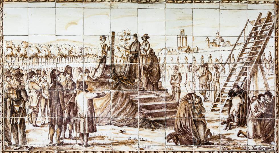 Les rajoles de la plaça Garriga i Bachs de Barcelona, que reflecteixen l’execució de contraris a l’autoritat francesa.