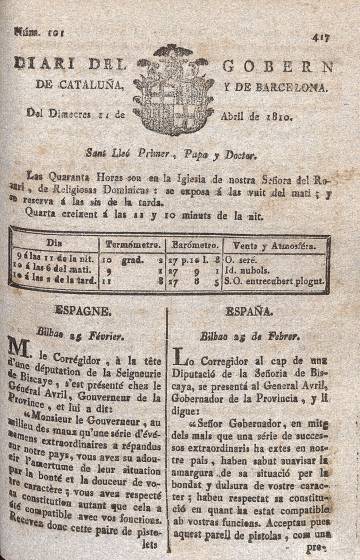 La imposició del model administratiu napoleònic, amb picades d’ullet com l’edició en català i francès del 'Diario de Barcelona' (portada d’abril de 1810), va refer l’encarcarat i ineficaç sistema de gestió pública de l’absolutisme.
