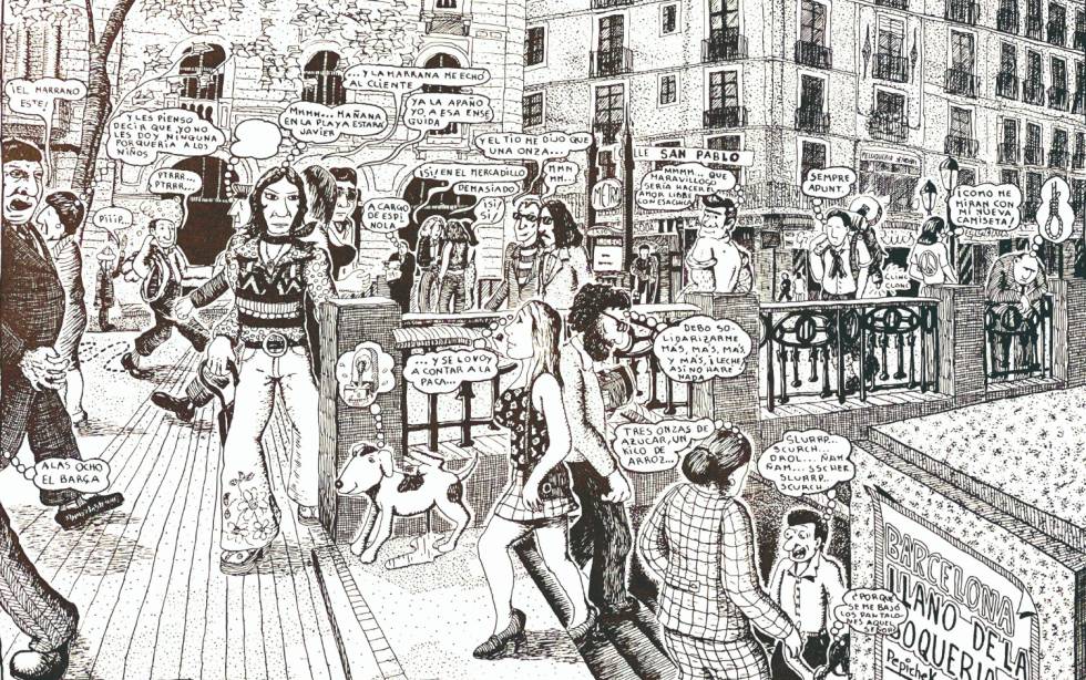 La Rambla va ser epicentre urbà de l’underground català, tal com il·lustra aquesta vinyeta de 1974 del dibuixant Pepichek Farriol des de 'Pauperrimus Comix'.