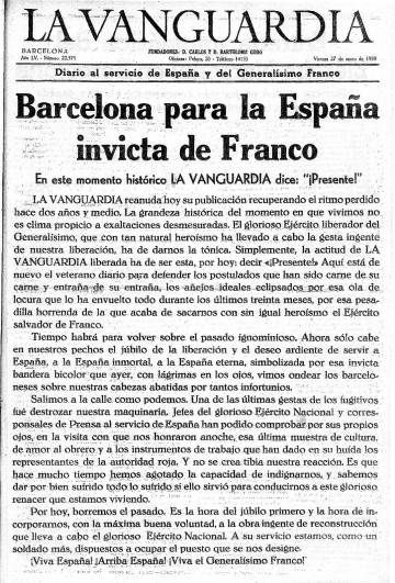 Portada del 27 de gener de 1939 de 'La Vanguardia'.