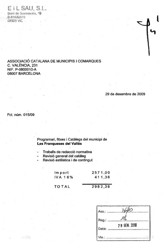 El mismo importe por trabajos muy diferentes. Las 65 facturas que la empresa de Solà emitió el 29 de diciembre de 2009 son todas iguales, a pesar de que en algunos casos el trabajo que acarreaban conceptos como la “revisión estilística y de contenido” podía multiplicarse por 10 respecto a otros municipios.