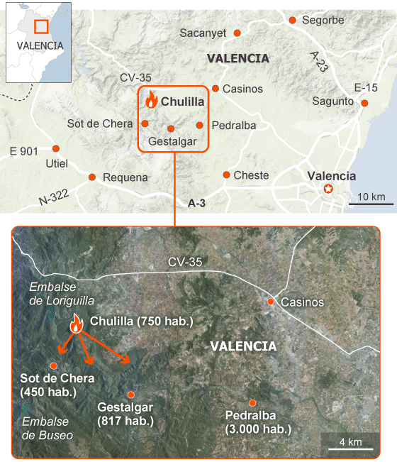 Dos mil desalojados a causa del fuego sin control en el interior de Valencia