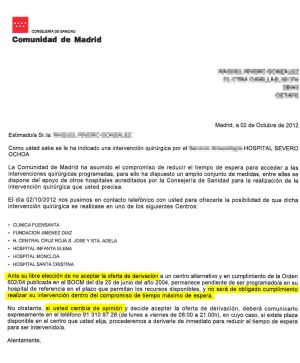 Carta tipo que envía Sanidad a los pacientes que se niegan a ser derivados.