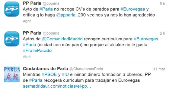 Tuits del PP de Parla en los que informa sobre la recogida de currículos.