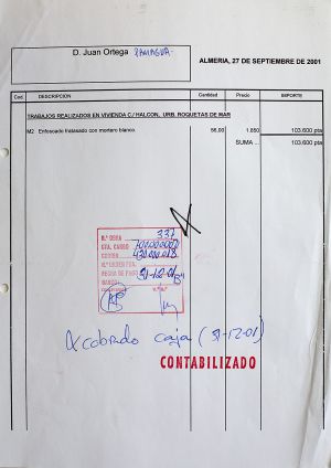 Recibo de Hispano Almería de las obras en la casa de Ortega Paniagua.