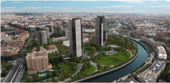 Plano del futuro parque y los dos rascacielos junto al río Manzanares.