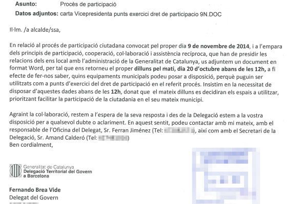 Uno de los correos electrónicos enviados por la Generalitat a los alcaldes para que colaboren con el 9-N.