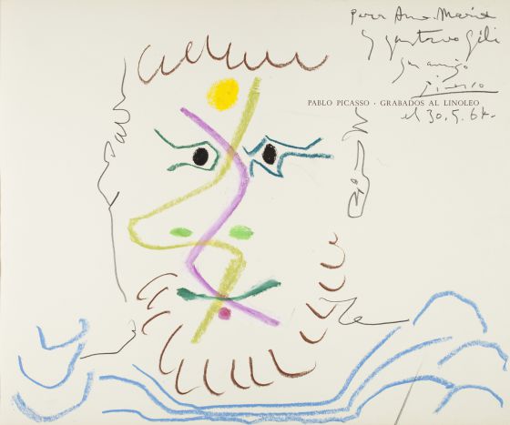 'Bust d'home amb barba', Mougins, 1964, de Picasso realitzat en la guarda del llibre 'Pablo Picasso. Gravados al linóleo', dedicat d'Anna Maria i Gustau Gili a la part superior dreta.