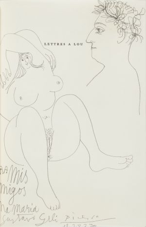 'Apollinaire i dona nua', Mougins, 1970. Portadella del llibre 'Lettres à Lou', signat, datat i dedicat al llapis: “Per als meus amics Anna Maria i Gustau Gili Picasso el 28.3.70”.