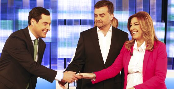 Moreno, Maíllo y Díaz, este lunes antes de comenzar el debate
