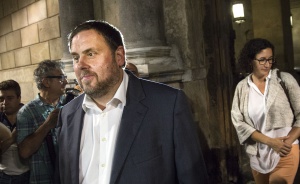 Oriol Junqueras y Marta Rovira, a la salida de la reunión.