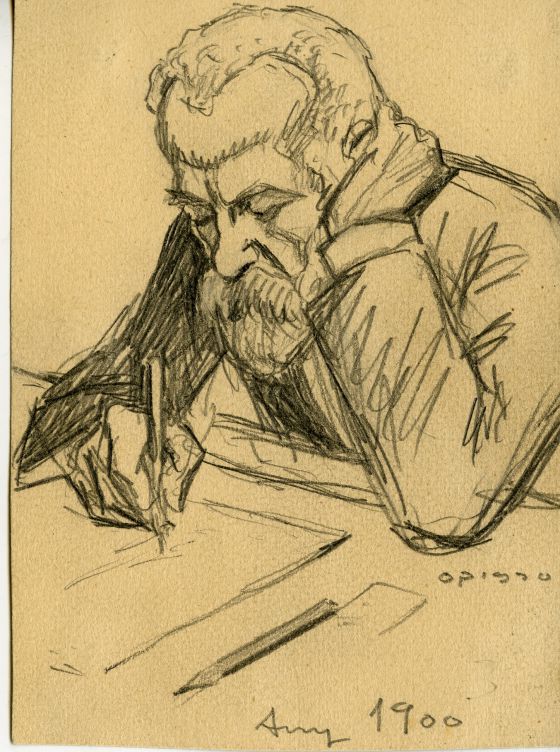 Dibuix original d'Opisso de l'obra en què va pintar Gaudí el 1900.