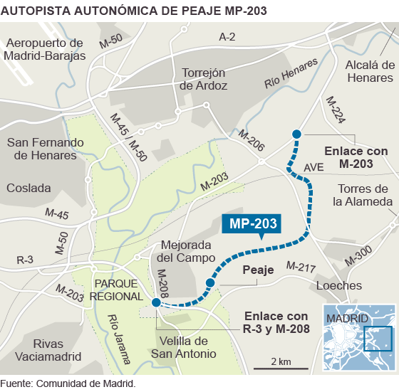 Mapa de localización de la autopista regional de peaje MP-203