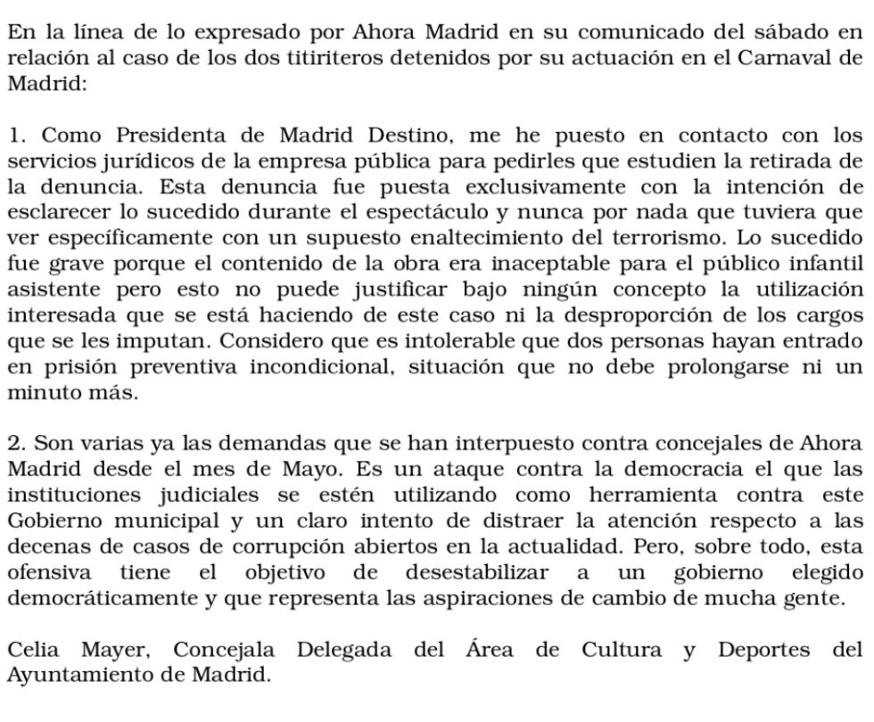 El comunicado de Celia Mayer en Twitter sobre los titiriteros.