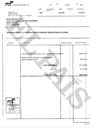 Factura emitida por FCC a Mercamadrid por el acto de la primera piedra de la ampliación del centro mayorista en febrero de 2007.