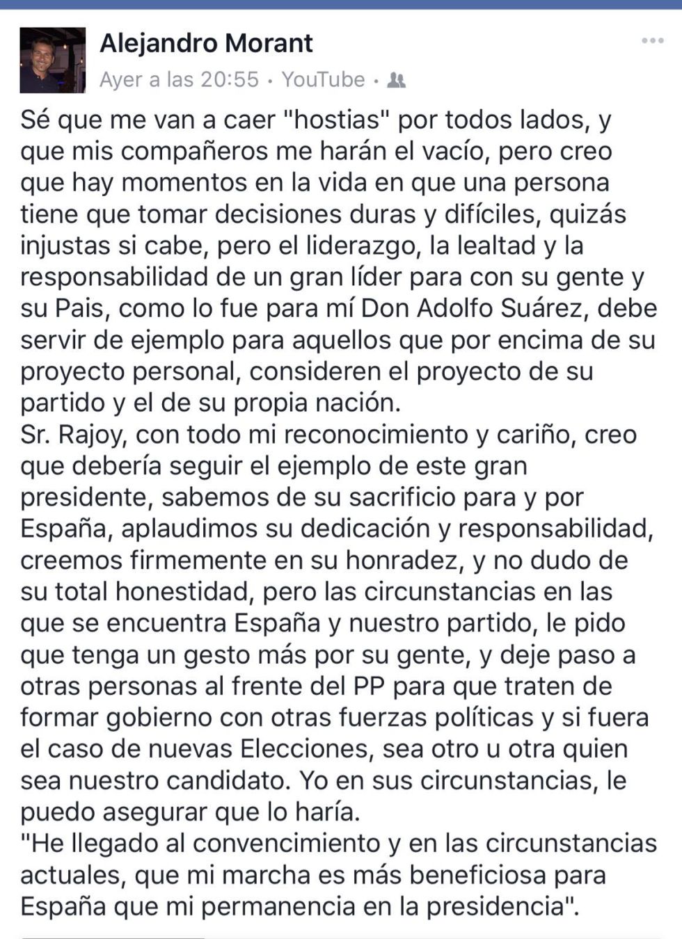 Un líder del PP alicantino pide a Rajoy que deje paso