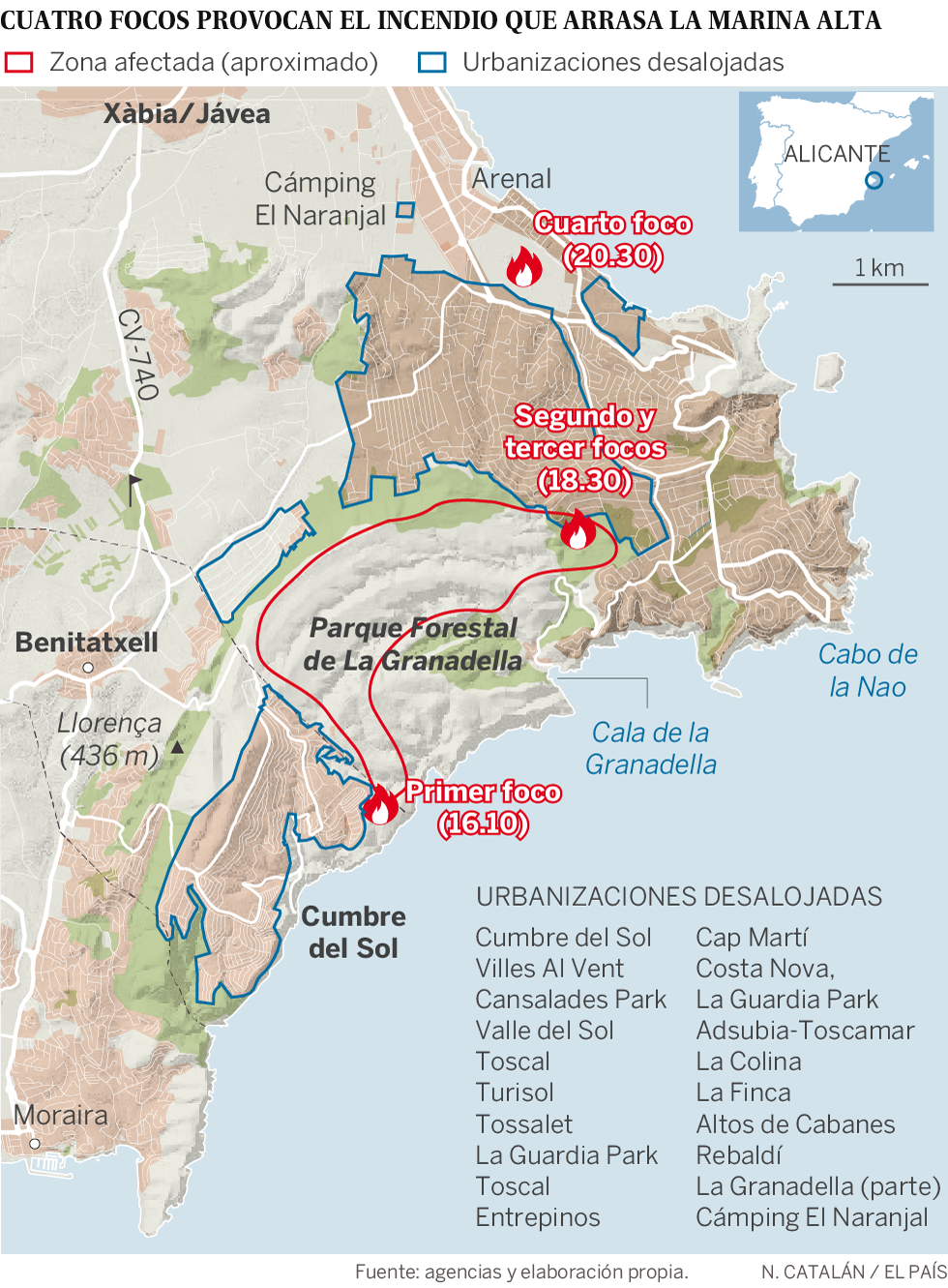 Mapa del incendio en Benitatxell y Xàbia