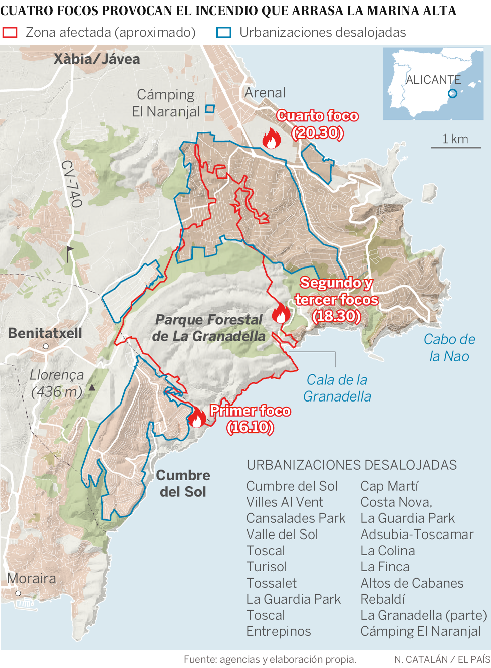 Mapa del incendio en Benitatxell y Xàbia
