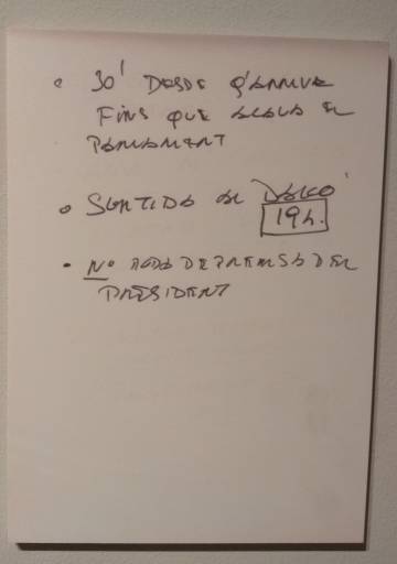 La última hoja del guion de Portabella para la llegada de Tarradellas en el que se puede leer: