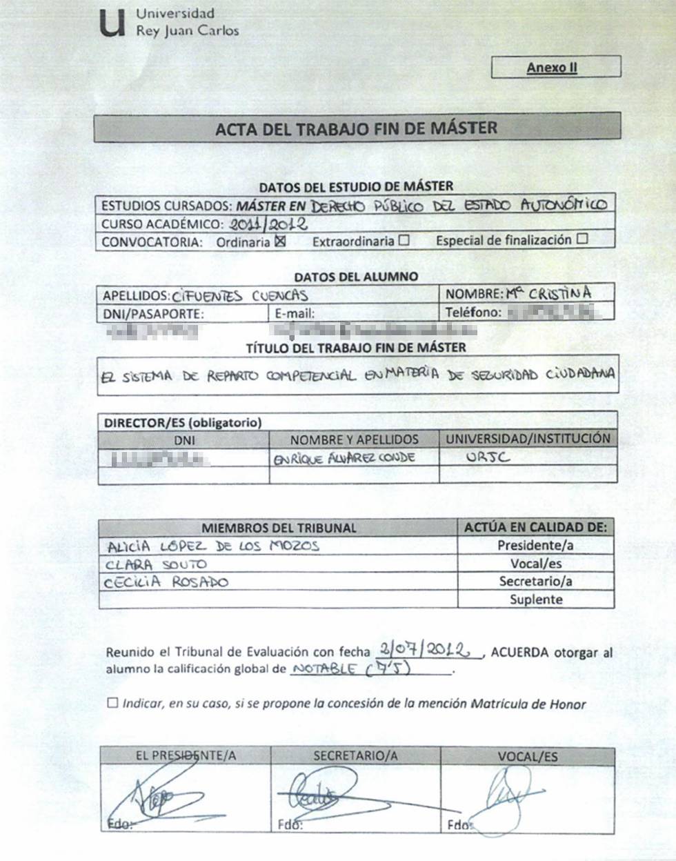 Acta del Trabajo de fin de Máster de Cristina Cifuentes.