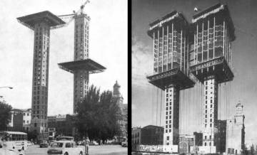 Dos momentos de la construcción de las Torres Colón.