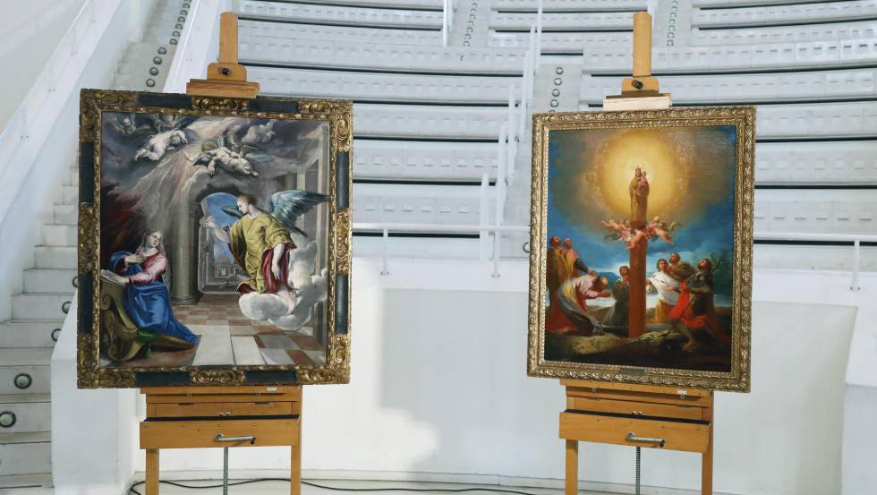 Las pinturas de El Greco (a la izquierda) y de Goya, en 2017, el día que se presentaron en el MNAC.