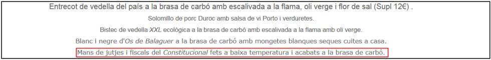 Fragment del menú de Nova Font Blanca que ofereix mans de jutges i fiscals del Constitucional a baixa temperatura.