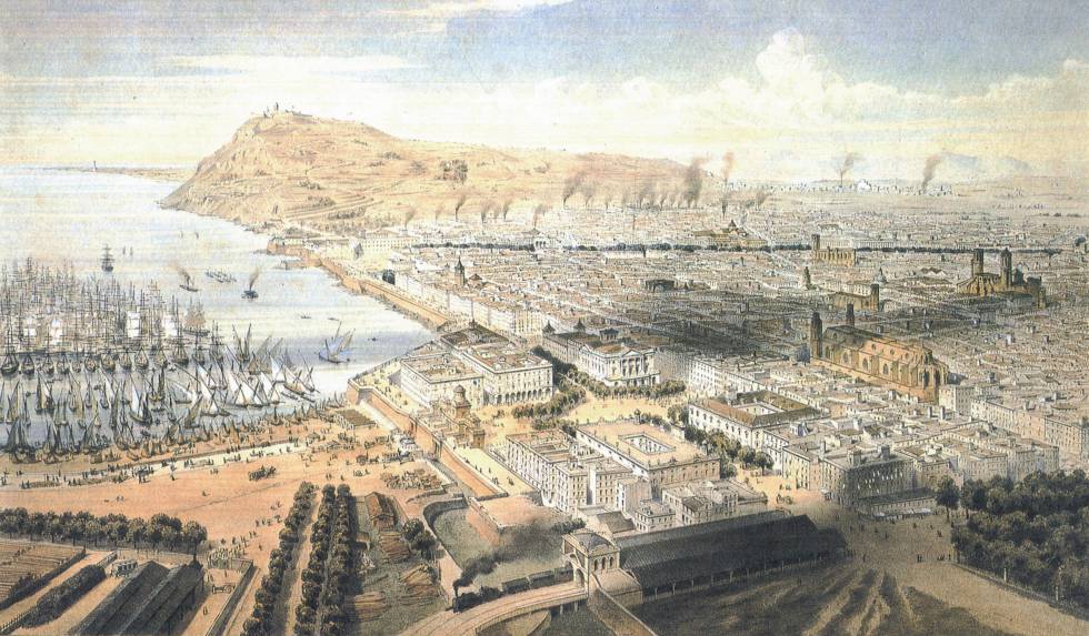 Gravat del 1850 d'Alfredo Guesdon en el qual es veu el front litoral de Barcelona. Al centre els edificis que formaven part del Pla de Palau, entre els quals hi ha la Llotja de Mar.
