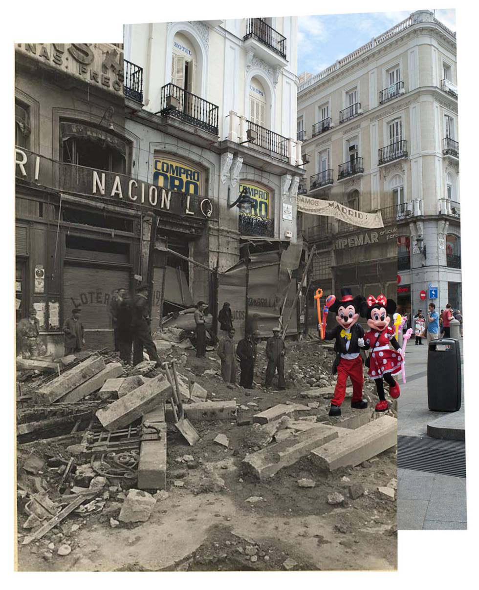 Mickey y Minnie Mouse en en Madrid de la Guerra Civil,en uno de los montajes de Madrid, qué bien resistes.