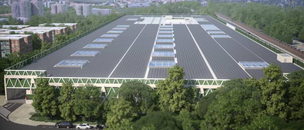Recreación del techo con placas solares del edificio.
